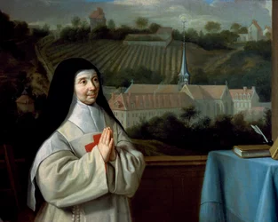 Äiti Marie-Angelique Arnauld, yksityiskohta äiti Marie-Angelique Arnauldin sisaren ja äidin Agnesin muotokuvasta Port-Royal des Champes Abbeyn edustalla, Philippe de Champaignen (1602-1670) ansioksi.