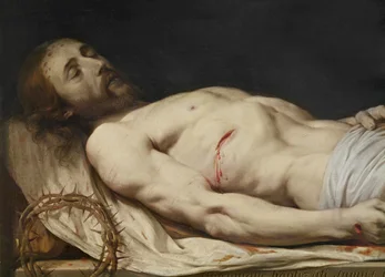 Kuollut Kristus laskettuna käärinliinalleen, yksityiskohta vartalon keski- ja yläosasta, ennen vuotta 1654