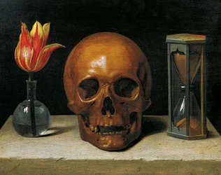 Vanitas-asetelma, jossa on tulppaani, pääkallo ja tiimalasi