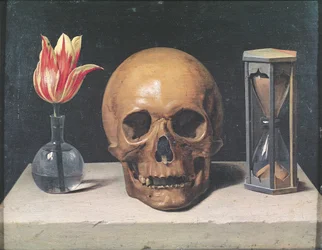 Vanitas-asetelma, jossa on tulppaani, pääkallo ja tiimalasi