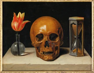 Vanitas, allegoria katoavasta ajasta kallon ja tiimalasin kanssa (öljy kankaalle)