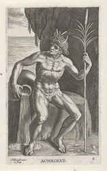 Zeegod Achelous Acheolvs (otsikko esineessä) Rivier- en zeegoden (sarjan nimi) Tyylikkäitä muotokuvia meren puolijumalista ja Amnicus-hylkeistä (sarjan nimi)