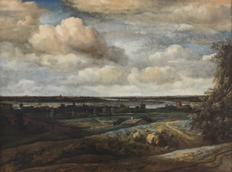 Hollantilainen panoraamamaisema, josta on kaukainen näkymä Haarlemiin