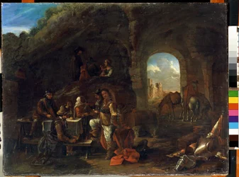 Taverna kohtaus. Philips Wouwermanin (1619-1668) maalaus. Öljy puulle, 48 x 63 cm. 1600-luvun hollantilainen koulu. Valtion M. Ciurlionisin taidemuseo, Kaunas (Liettua).
