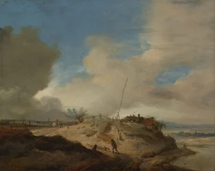 Dyyni-maisema, jossa on merkinantopylväs, noin 1651-1653 (öljy paneelille).