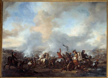 Mahtava ratsastajien ja jalkaväen taistelu Philips Wouwermanin (1619-1668) maalaus 1600-luvun su. 0,99x1,35 m