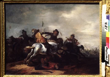 Taistelu. Philips Wouwermanin (1619-1668) maalaus. Öljy puulle, 31 x 41 cm. Flanderin taide, barokkitaide. Regional Art Museum, Uzhgorod (Ukraina).