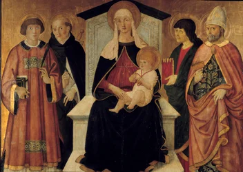 Neitsyt ja lapsi Neitsyttä ympäröivät Saint Laurentin diakoni, Pyhä Pietari, Pyhä Johannes ja Saint Blaise de Sebaste. Pier Francesco Fiorentinon alttaritaulu (toimii noin 1475-1500) 1490. Su. 132x143 m. Avignon, Musee du Petro Palais