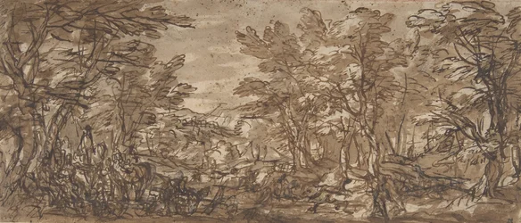 Metsäkohtaus, pysähdys vasemmalla, metsästys keskellä, 1612-66.