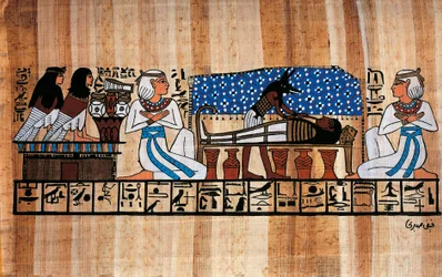 Egyptiläinen papyrus, joka kuvaa palsamointiseremoniaa.