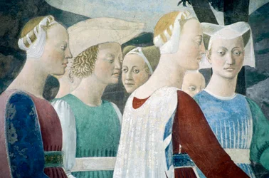 Yksityiskohta todellisen ristin legendasta, jossa näkyy puun palvonta ja Saban kuningattaren ja kuningas Salomon tapaaminen, kirjoittanut Piero della Francesca