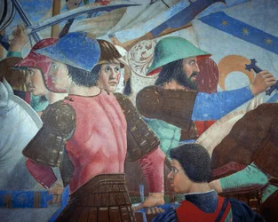 Yksityiskohta todellisen ristin legendasta, joka esittää Bysantin Heraklius I:n taistelun Chosroes II:ta vastaan, kirjoittanut Piero della Francesca