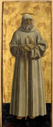 Misericorden polyptiikka: Misericorden neitsyt, pyhien ympäröimänä. Yksityiskohta, joka kuvaa pyhää Benedict of Nursiea. Piero della Francescan maalaus puulle (1415/20-1492) 1445-1460 Dim. 54x21 cm Sansepolcro, Pinacoteca Comunale