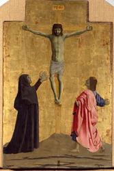 Misericorden polyptiikka: Misericorden neitsyt, pyhien ympäröimänä. Yksityiskohta ristiinnaulitsemisesta, jossa on merkintä "INRI"" Piero della Francescan puumaalaus (1415/20-1492) 1445-1460 Dim. 81x52,5 cm Sansepolcro, Pinacoteca C