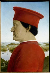 Urbinon herttua Federico de Montefeltron ja Battista Sforzan muotokuvia. Yksityiskohta, joka edustaa Federico da Montefeltroa