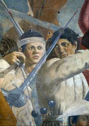 Legend of the True Cross, Herakleiosin voitto ja Chosroesin teloitus, yksityiskohta Herakleiosista ja Chosroesista, valmistunut 1464 fresko.