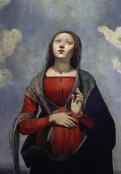Neitsyt Maria Pyhän Hengen kyyhkynen yläpuolellaan kuuden pyhän ympäröimänä. yksityiskohta (öljy kankaalle, n. 1505)