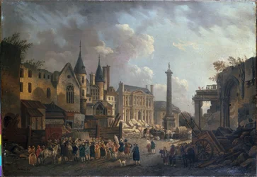 Tivolinäytös kuvitteellisessa risteyksessä Pariisissa, noin 1770 (öljy kankaalle).