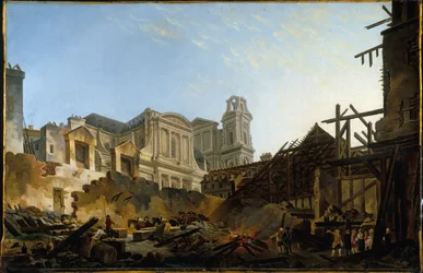 Foire Saint-Germain 16. ja 17. maaliskuuta 1762 välisenä yönä syttyneen tulipalon jälkeen, n. 1762 (öljy).