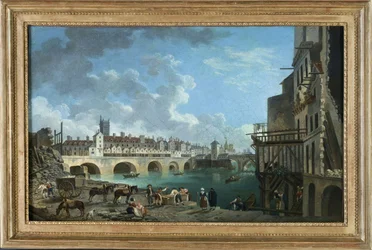Näkymä Quai de Gesvresiltä Pont au Changen talojen purkamisen aikaan, noin 1788 (öljy).
