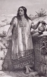 Nuori toltekkityttö, Claude-Joseph-Desire Charnayn teoksesta "Uuden maailman muinaiset kaupungit", julkaisu. 1887 (kaiverrus)