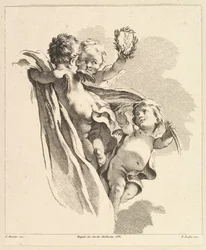 Kolme Cupidoa, joista yhdellä on kruunu, neljännestä lasten ryhmien kirjasta, 1700-luvulta.