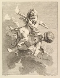 Kaksi Cupidoa, toinen kantaa taskulamppua, toinen jousi, 1727-60.