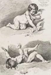 Kaksi alastonta lasta leikkimässä lehdellä, teoksesta New Book of Children, 1720-60