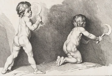 Kaksi seisovaa alastonta lasta, teoksesta Uusi lastenkirja, 1720-60
