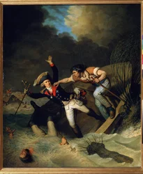 Brunswickin herttua Leopoldin kuolema Brunswickin tulvan aikana vuonna 1785. (Leopold of Brunswickin kuolema Brunswickin tulvan aikana vuonna 1785). Pierre Alexandre de Willen (1748-1821) maalaus. Öljy kankaalle