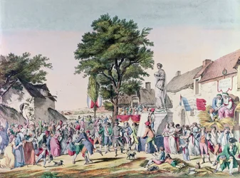 Kyläjuhla vanhuuden kunniaksi Ranskan vallankumouksen aikaan, 1795 (värikaiverrus)