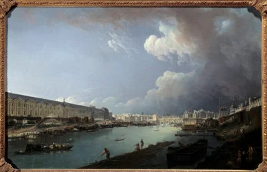 Näkymä Louvrelle ja Ile de la Citelle Pierre Demachyn (1723-1807) Pont Royal -maalauksesta 1778 Sun. 0,49x0,77m.