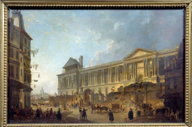 Näkymä Louvre Streetin pylväikkölle ja rakennustyömaalle Palais du Louvren edessä. Pierre Antoine Demachyn (1723-1807) maalaus 1772