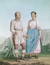 Michoacanin intiaanien puvut vuonna 1810 julkaistusta Alexander von Humboldtin (1769-1859) teoksesta Voyages aux Regions Equinoxiales du Nouveau Continent