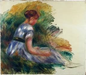 Alice Gamby puutarhassa, Nuori tyttö istuu nurmikolla, 1891