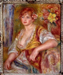 Blondilla on ruusu. Muotokuva Andree Madeleine Heuschlingista (1900-1979), lempinimeltään "Dedee", koomikko Catherine Hessling (hän meni naimisiin Jean Renoirin kanssa vuonna 1920). Pierre Auguste Renoirin (1841-1919) maalaus noin 1915. Öljy kankaalle. Ran