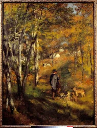 Jules Lecoeur ja hänen koiransa Fontainebleaun metsässä. Pierre Auguste Renoirin (1841-1919) maalaus