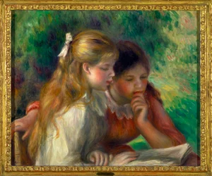 Lukuhetki. Kaksi pientä tyttöä lukemiseen syventyneinä, 1892, mitat 0,55 x 0,65 m, Pariisi, Musée du Louvre. Pakollinen maininta: Hélènen ja Victor Lyonin lahjoitus