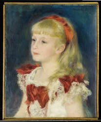 Mademoiselle Grimprel punaisella nauhalla (Helene Grimprel, noin 1873-?) - Pierre Auguste Renoirin (1841-1919) maalaus, öljy kankaalle (45x35 cm)