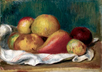 Asetelma omenoiden ja päärynän kanssa. Pierre Auguste Renoirin (Pierre-Auguste Renoir) maalaus.