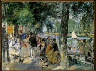 Uiminen Seinen tai "La Grenouillere". Kahvilapallo lähellä Chatoua. Pierre Auguste Renoirin (1841-1919) maalaus 1860 Moskova, Pushkin-museo