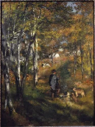 Taidemaalari Jules Le Coeur koirien kanssa Fontainebleaun metsässä Pierre-Auguste Renoirin (1841-1919) maalaus 1866, koko 105x79 cm, Sao Paulo, taidemuseo, Brasilia