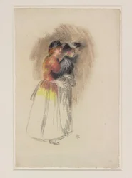 Kaksi naista kävelee oikealle, noin 1890 (mustaliitu ja pastelli).