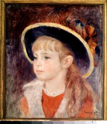 Nuori tyttö, jolla on sininen hattu: muotokuva Jeanne (Jane) Henriotista (1878-1900), kuollut brulee elossa Comedie Francaisen tulessa 9. maaliskuuta