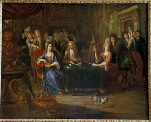 Aatelisten korttipelaajat pelaavat korttia olohuoneessa. Pierre Bergaignen (1652-1708) maalaus 1699 Arras, Musee Des Beaux Arts