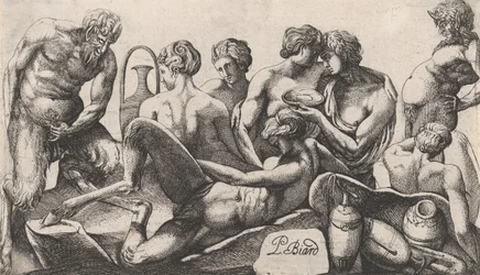Kahdeksan satyyriä ja satyressaa lopettamassa aterian, 1607-61.