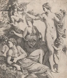 Venukselle, joka seisoo kolmen armon kanssa, tarjotaan kukka putosta, 1607-61.