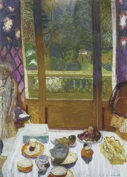 Aamiaishuone, josta on näkymä puutarhaan. 1930-31
