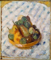 Hedelmät Päärynöiden ja luumujen asetelma. Pierre Bonnardin (1867-1947) maalaus 1920 Zürich, kokoelma Gustav Zumsteg