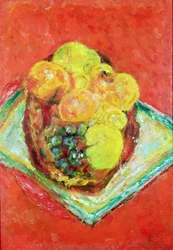 Persikat ja viinirypäleet punaisella pöytäliinalla, n. 1943 (öljy kankaalle)